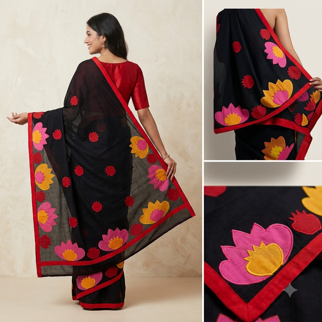Black Handcrafted Lotus Appliqué Saree with Vibrant Multicolor Floral Border