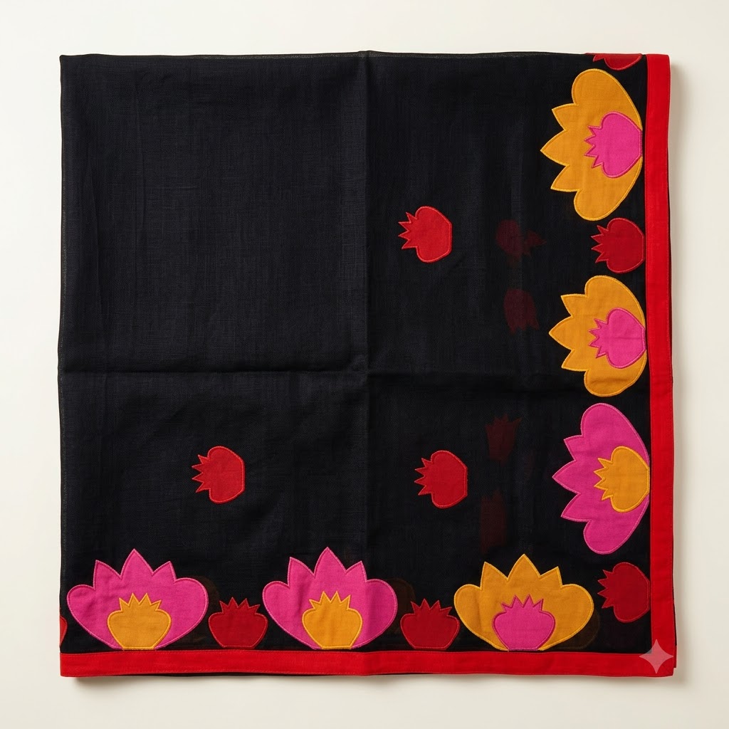 Black Handcrafted Lotus Appliqué Saree with Vibrant Multicolor Floral Border