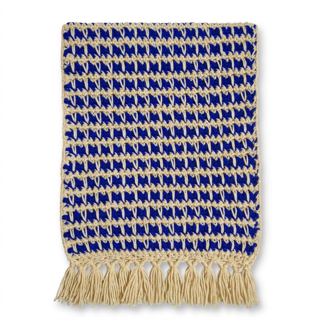 Handmade Crochet Muffler – Royal Blue & Cream Winter Scarf with Tassels