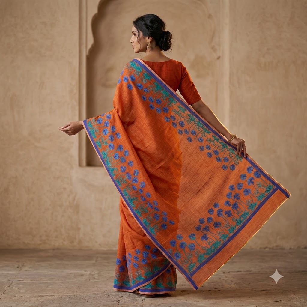 Elegant Orange Floral Embroidered Saree with Blue & Teal Botanical Border