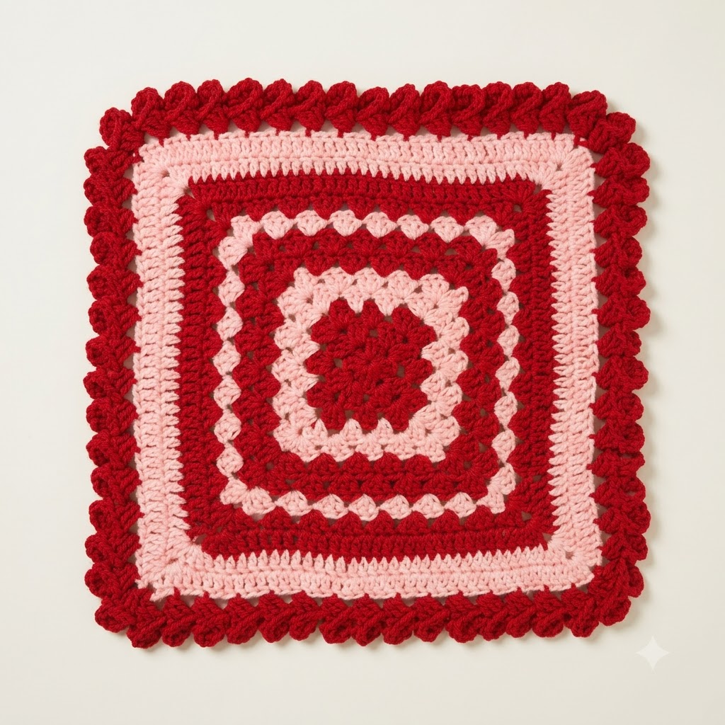 Handmade Crochet Puja Aasan / Square Mat – Red & Baby Pink