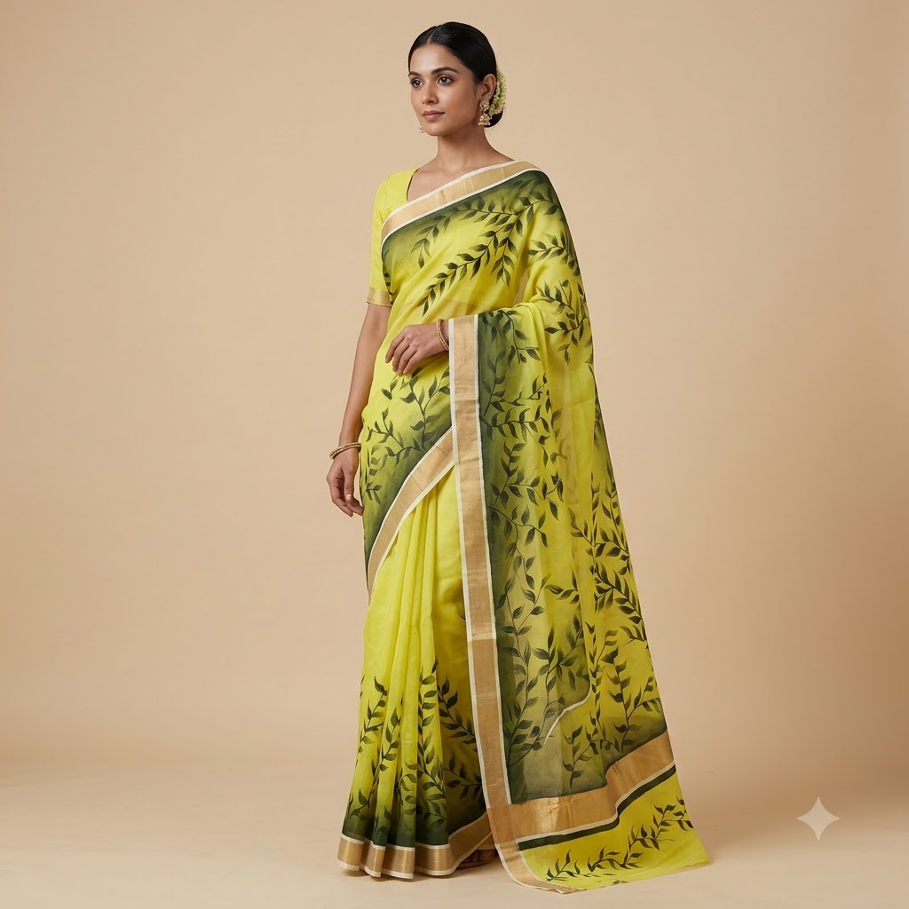 Elegant Lemon Yellow Hand-Painted Leaf Design Saree with Golden Border