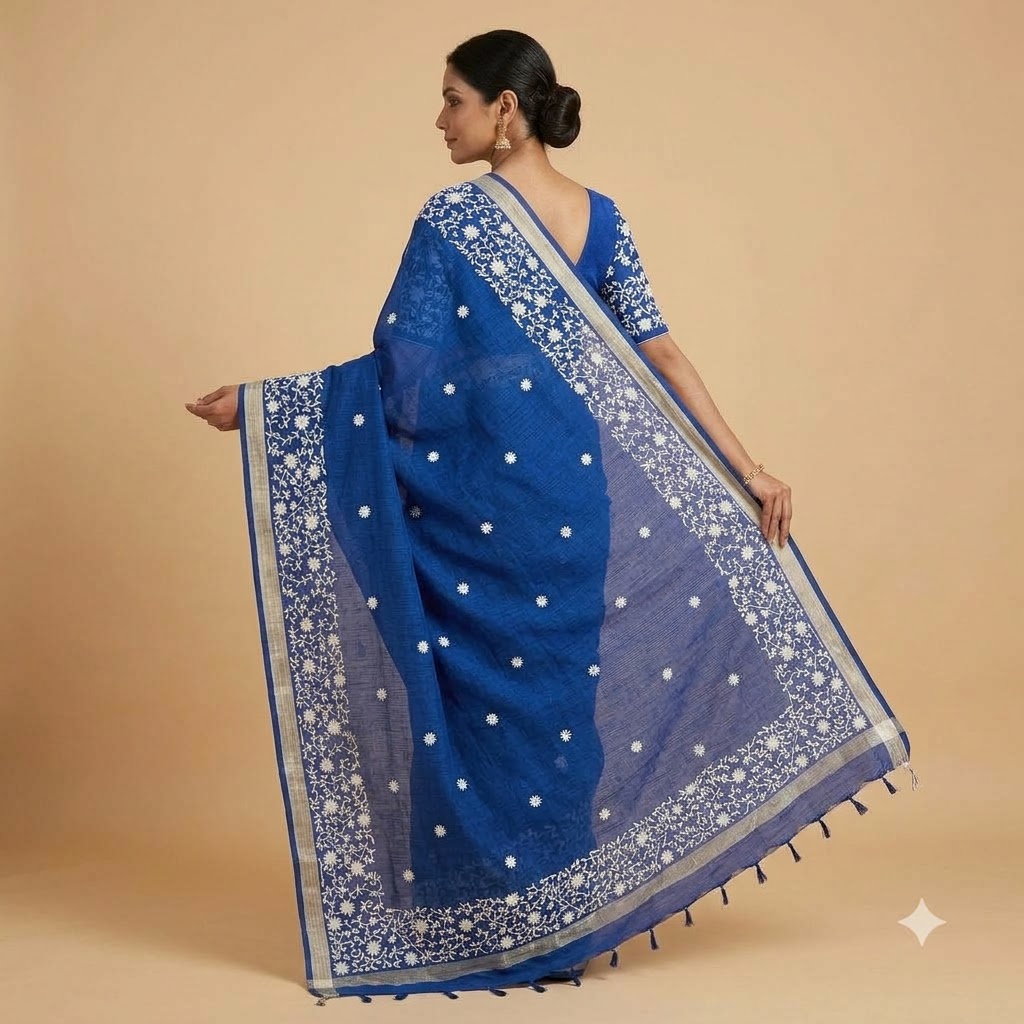 Royal Blue Saree with Elegant White Floral Embroidery