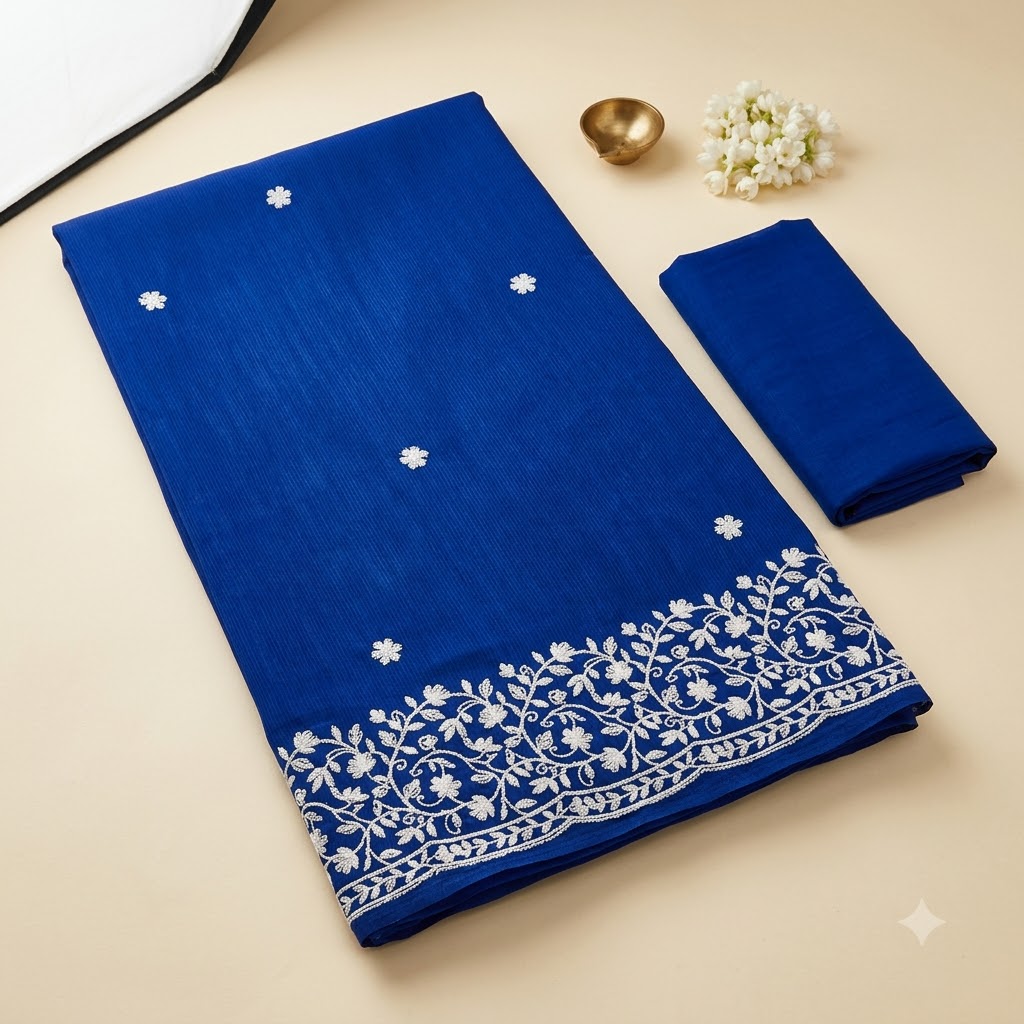 Royal Blue Saree with Elegant White Floral Embroidery
