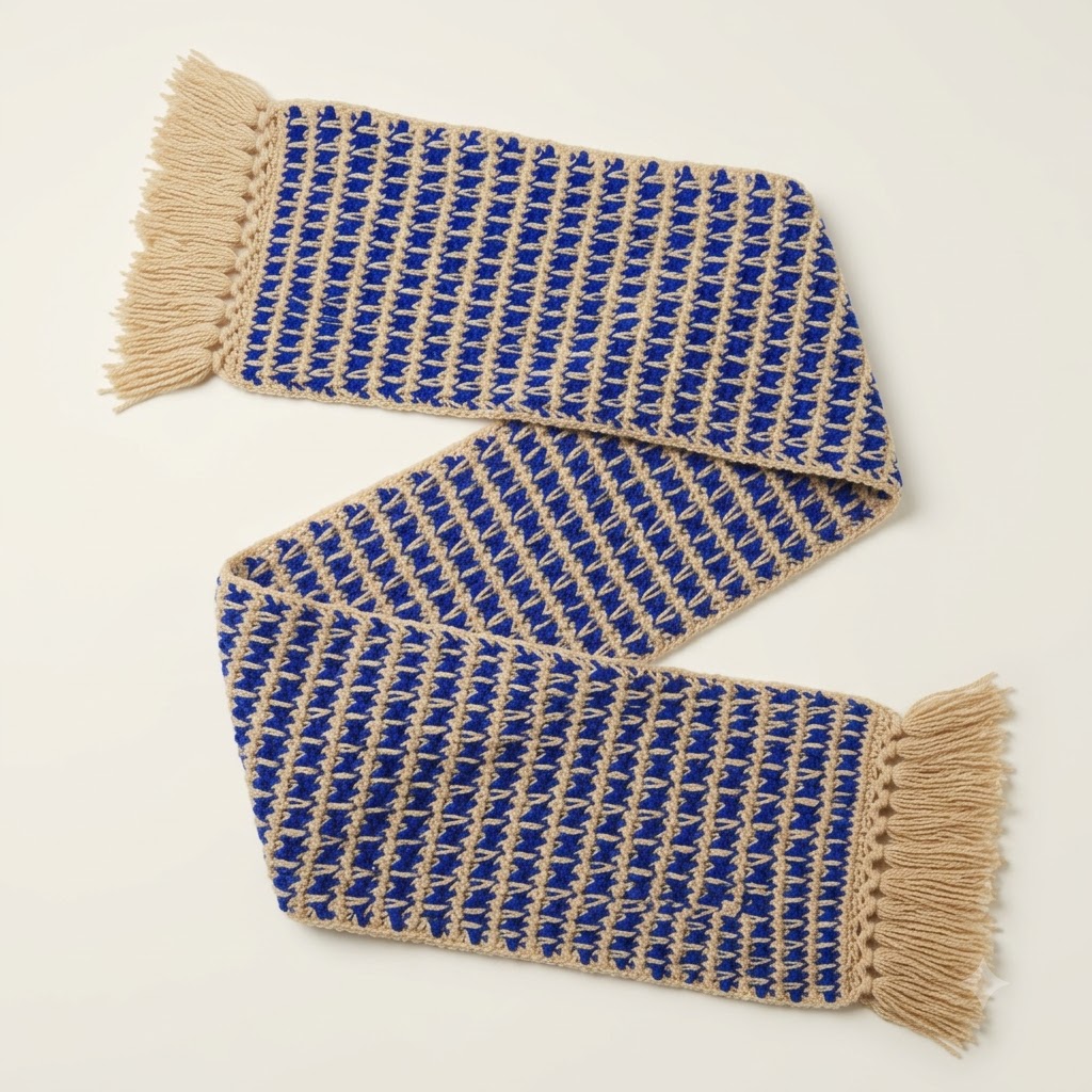 Handmade Crochet Muffler – Royal Blue & Cream Winter Scarf with Tassels