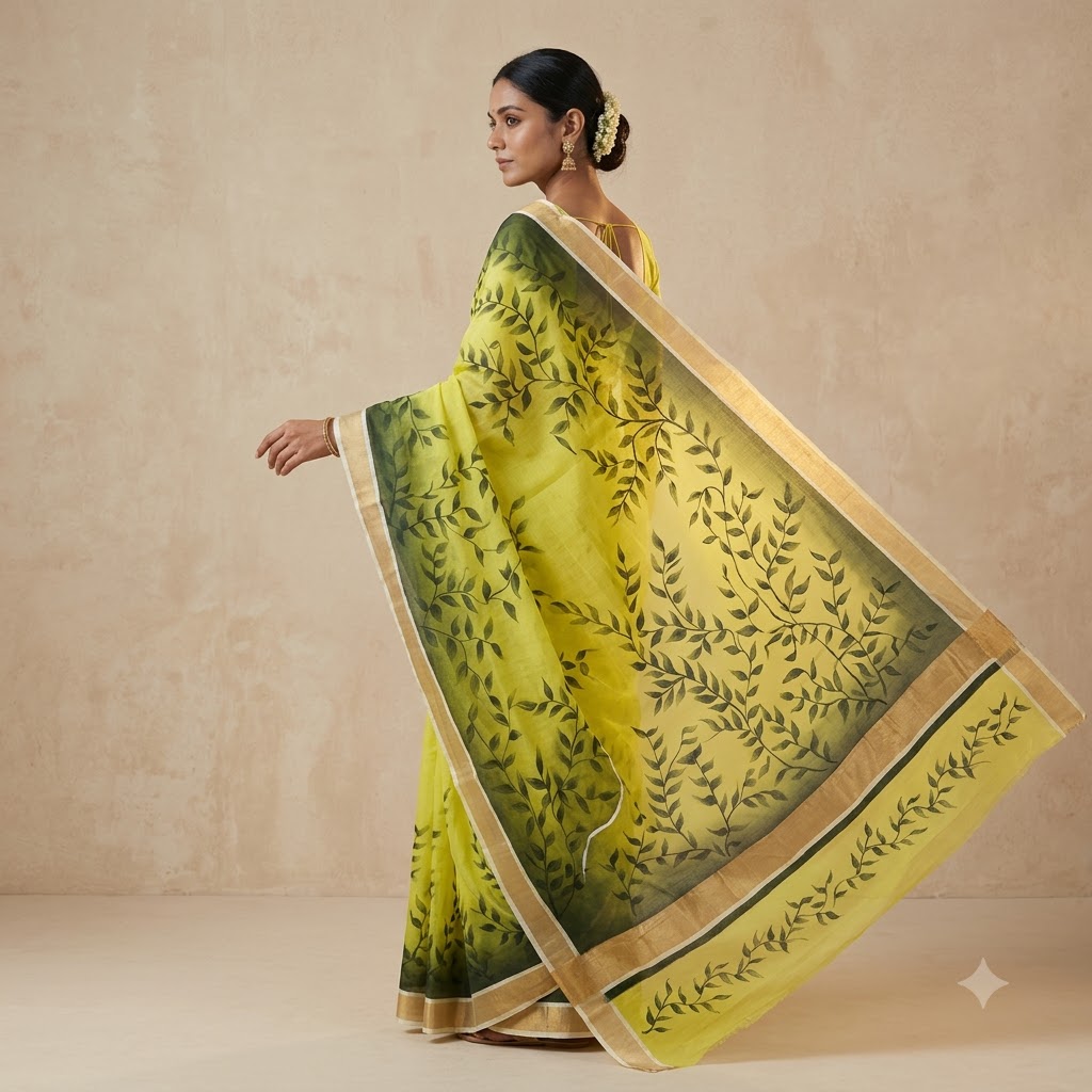 Elegant Lemon Yellow Hand-Painted Leaf Design Saree with Golden Border