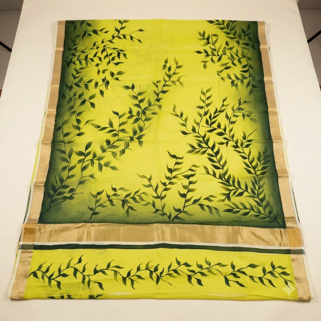 Elegant Lemon Yellow Hand-Painted Leaf Design Saree with Golden Border