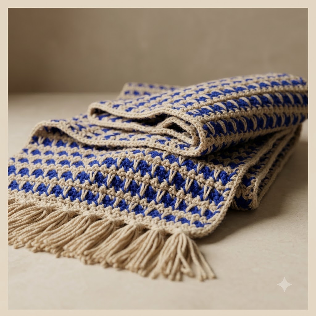 Handmade Crochet Muffler – Royal Blue & Cream Winter Scarf with Tassels