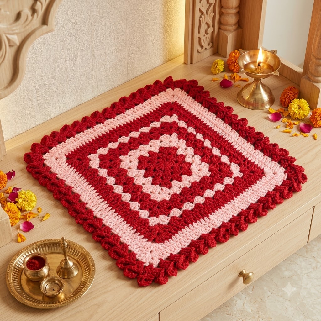 Handmade Crochet Puja Aasan / Square Mat – Red & Baby Pink
