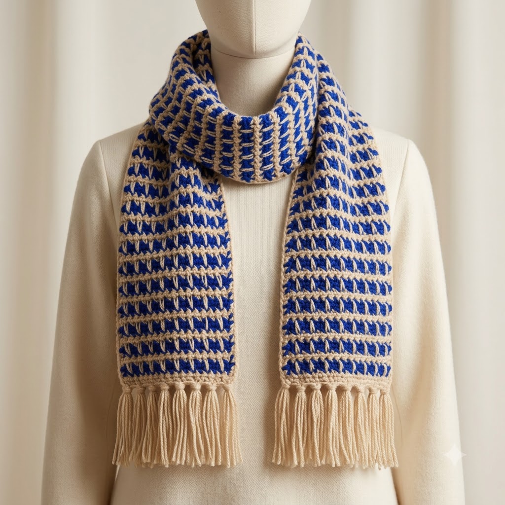 Handmade Crochet Muffler – Royal Blue & Cream Winter Scarf with Tassels