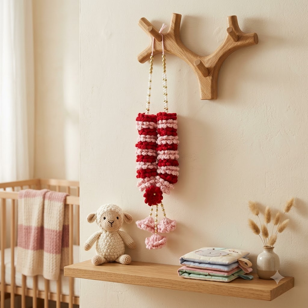 Handmade Crochet Pooja Mala – Red & Baby Pink Decorative Garland with Pearl & Golden Beads