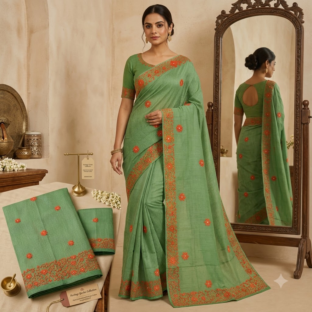 Elegant Green Saree with Orange Floral Embroidery