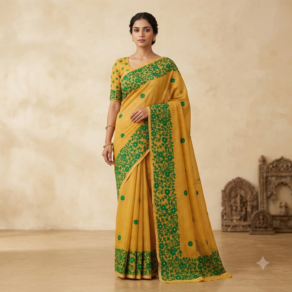 Mustard Yellow Saree with Green Floral Embroidery