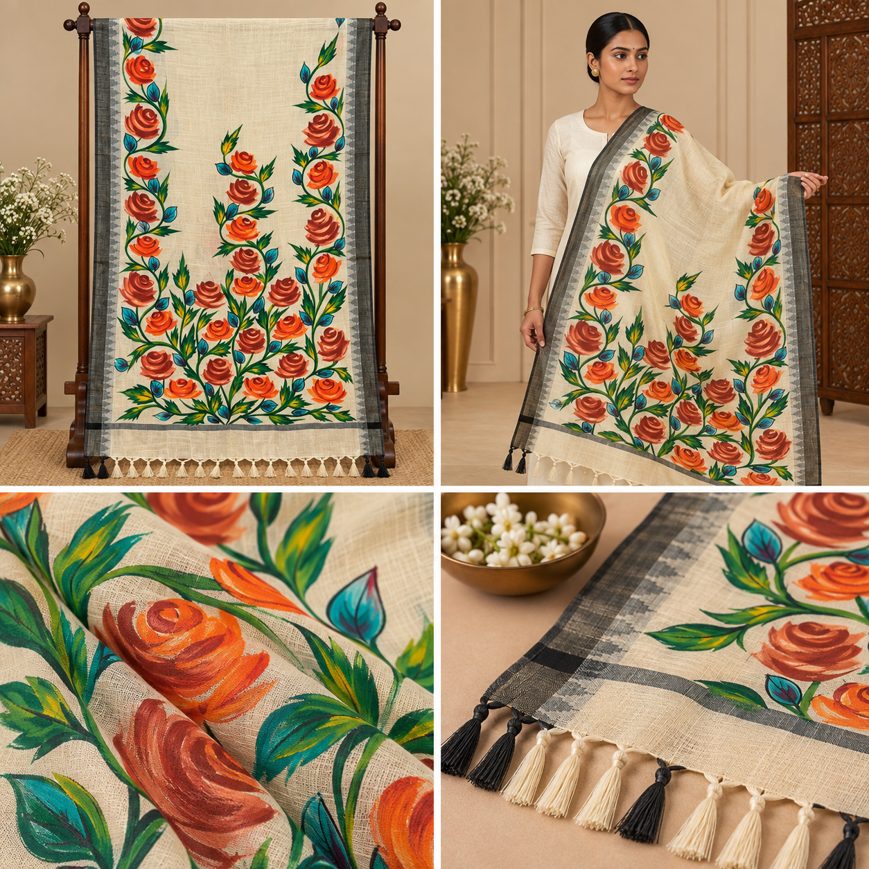 Hand-Painted Rose Garden Dupatta – Ivory with Charcoal Black Border