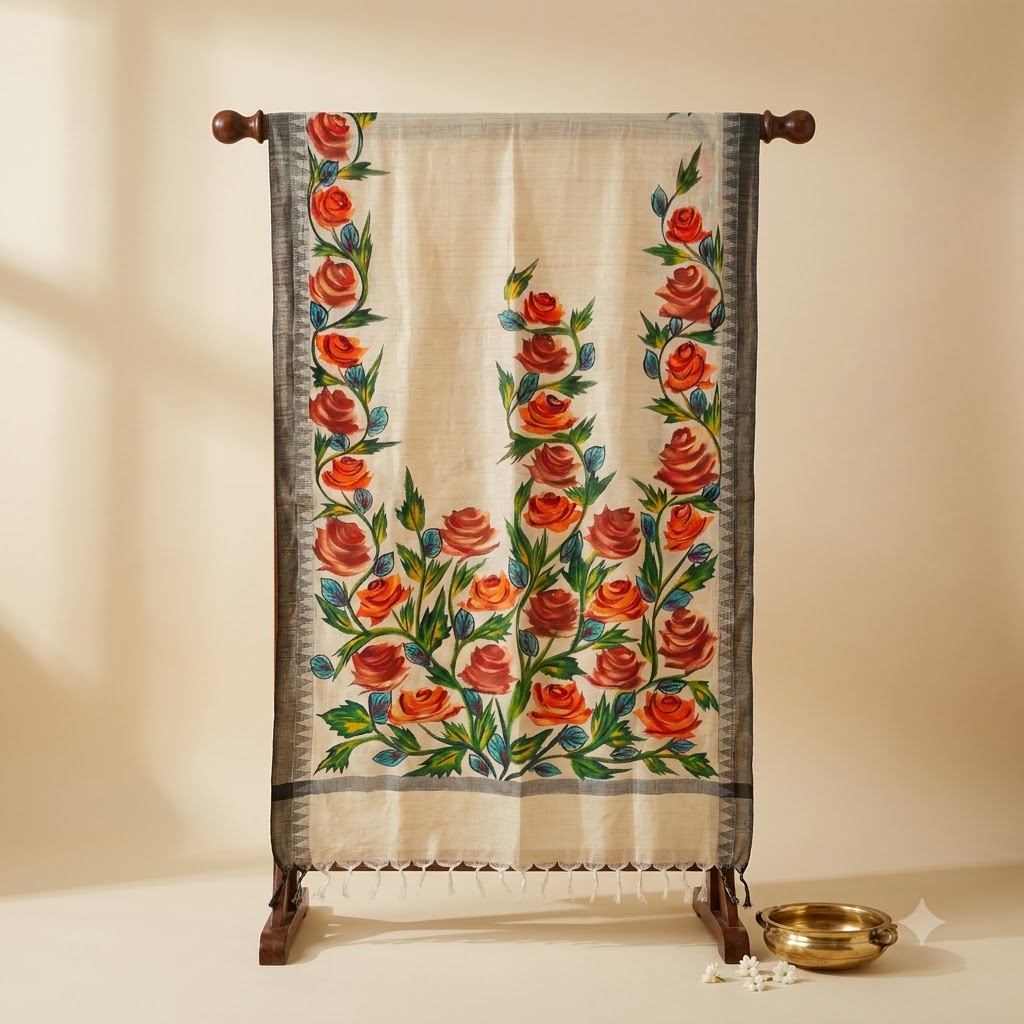 Hand-Painted Rose Garden Dupatta – Ivory with Charcoal Black Border