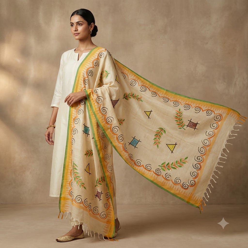 Hand-Painted Artistic Dupatta – Ivory with Mustard Border & Abstract Leaf Motifs