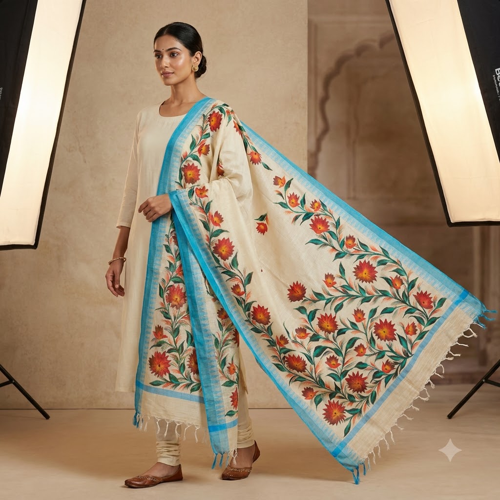Elegant Hand-Painted Floral Dupatta – Ivory Cream with Sky Blue Border
