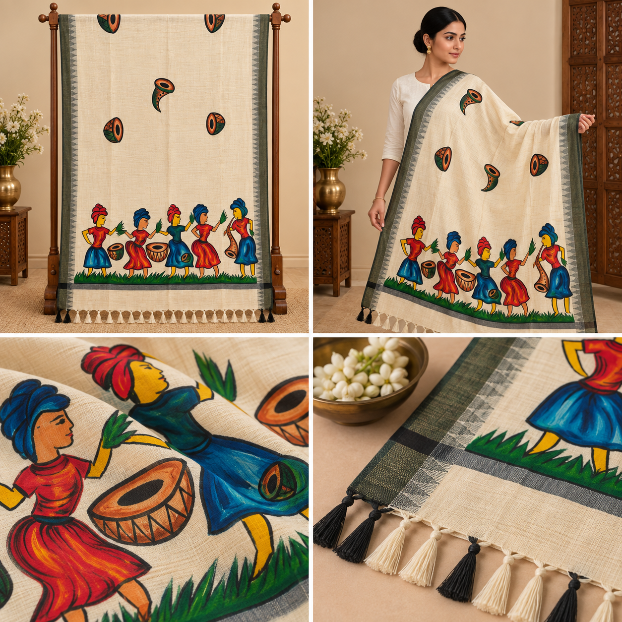 Hand-Painted Folk Art Dupatta – Ivory with Traditional Tribal Dance Motifs