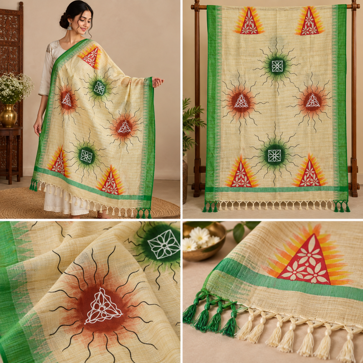 Handcrafted Artistic Dupatta – Ivory with Green Border & Traditional Geometric Motifs