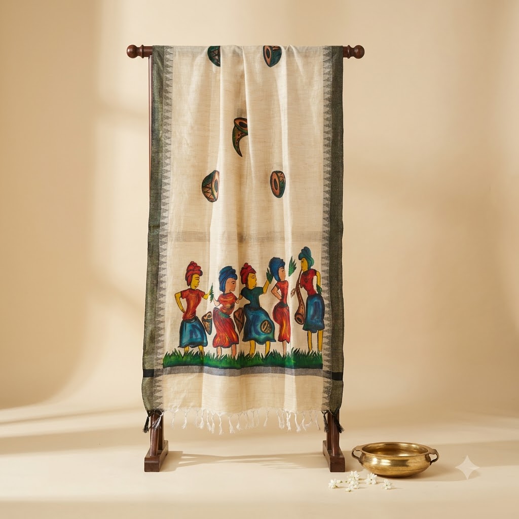 Hand-Painted Folk Art Dupatta – Ivory with Traditional Tribal Dance Motifs