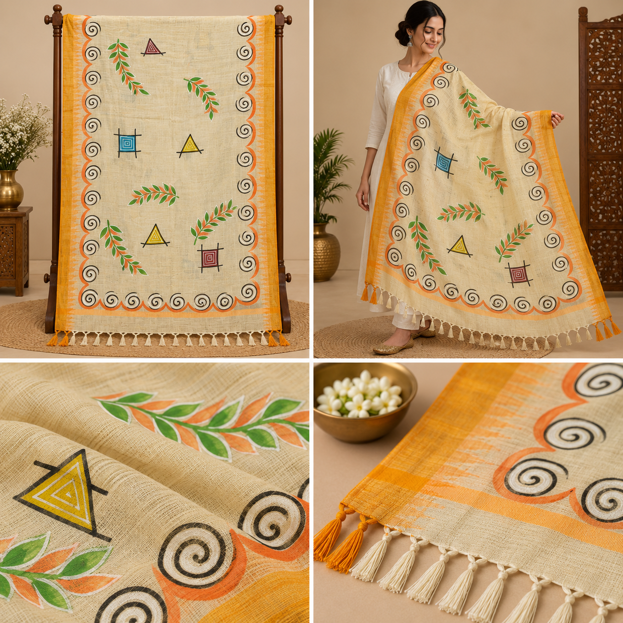 Hand-Painted Artistic Dupatta – Ivory with Mustard Border & Abstract Leaf Motifs