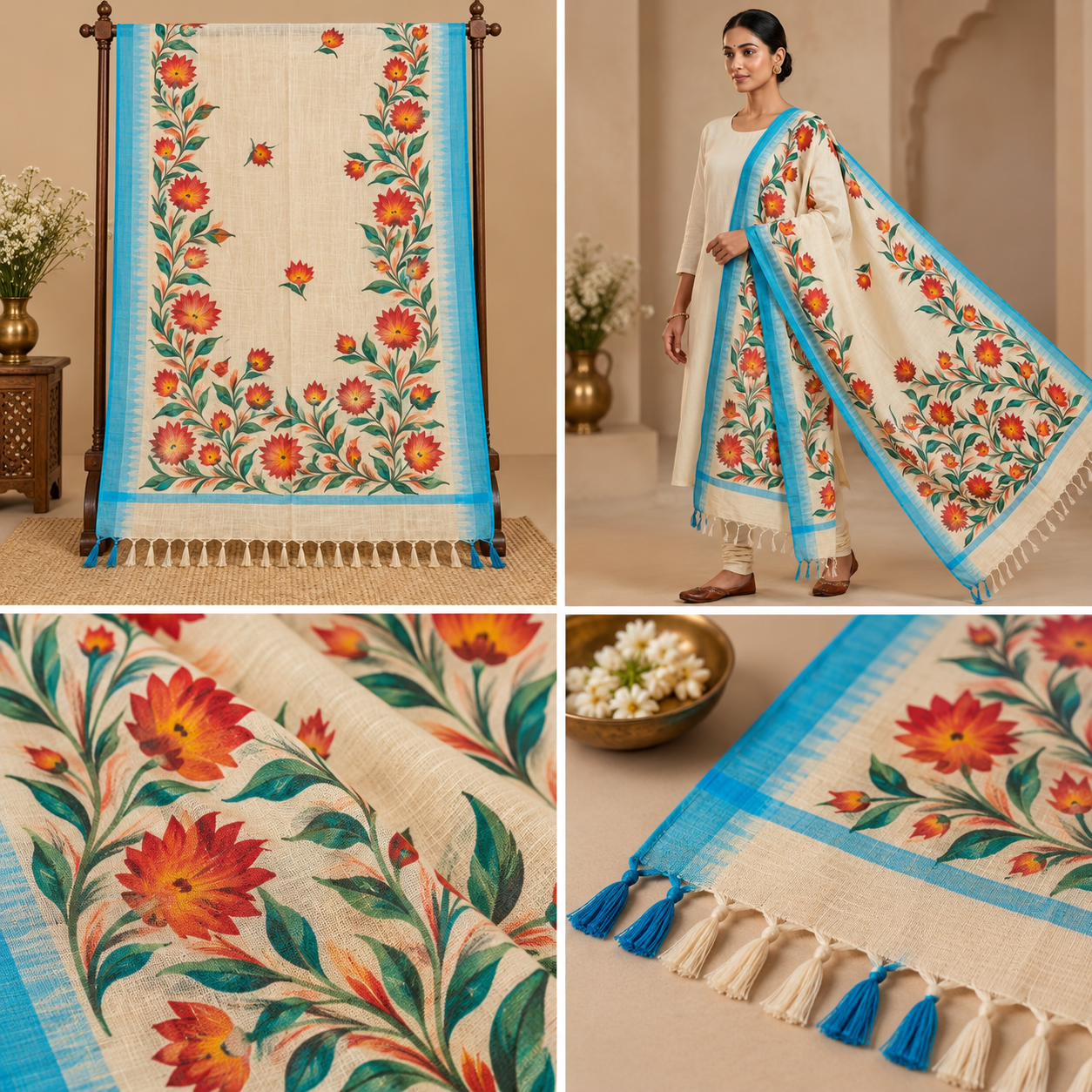 Elegant Hand-Painted Floral Dupatta – Ivory Cream with Sky Blue Border