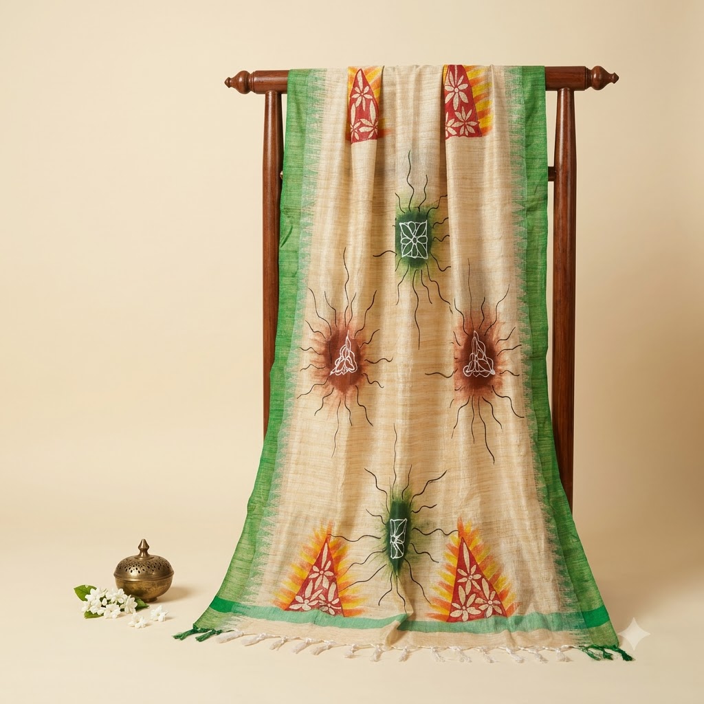 Handcrafted Artistic Dupatta – Ivory with Green Border & Traditional Geometric Motifs