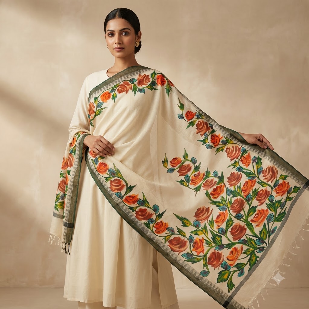 Hand-Painted Rose Garden Dupatta – Ivory with Charcoal Black Border