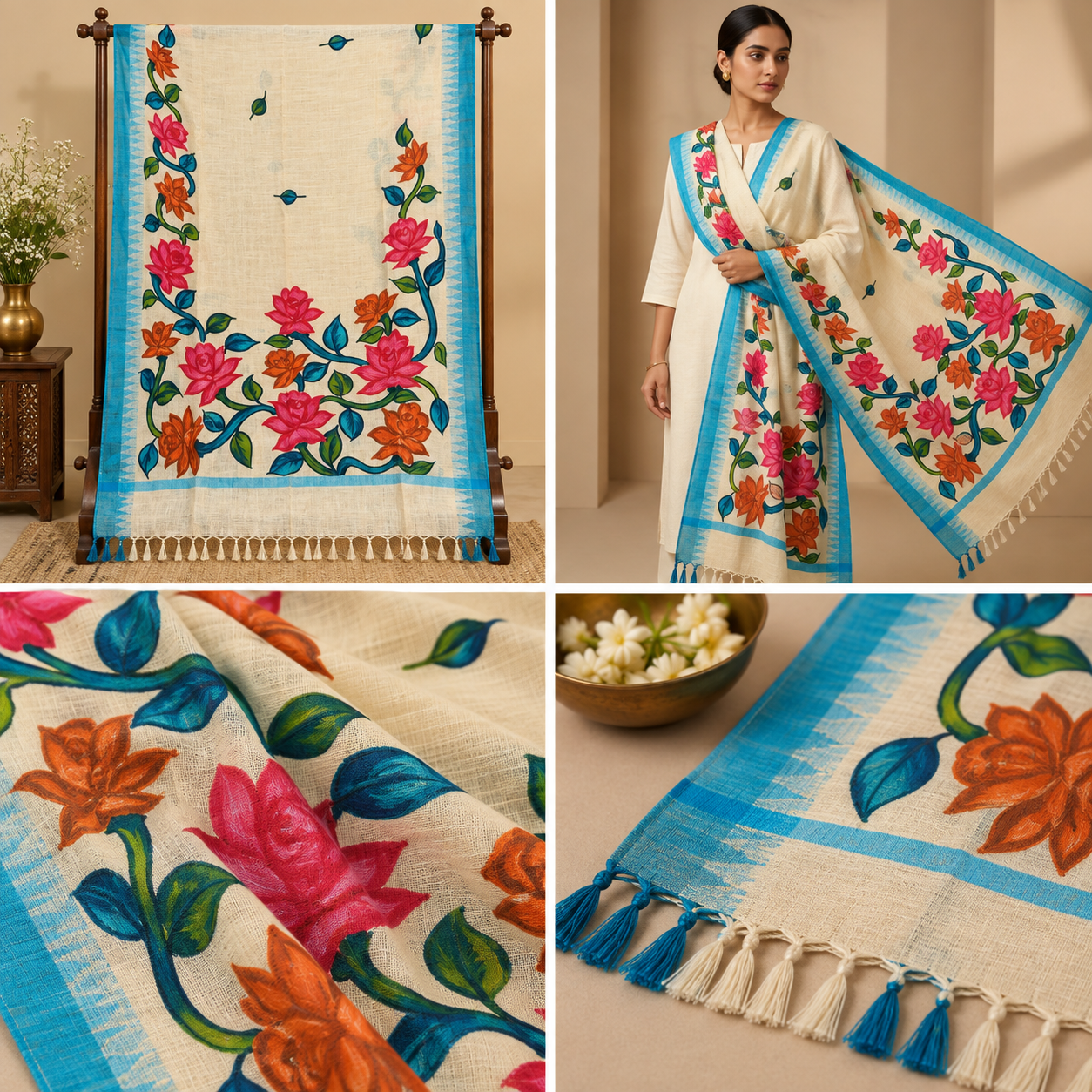 Hand-Painted Floral Dupatta – Ivory Cream with Turquoise Border & Multicolour Floral Art