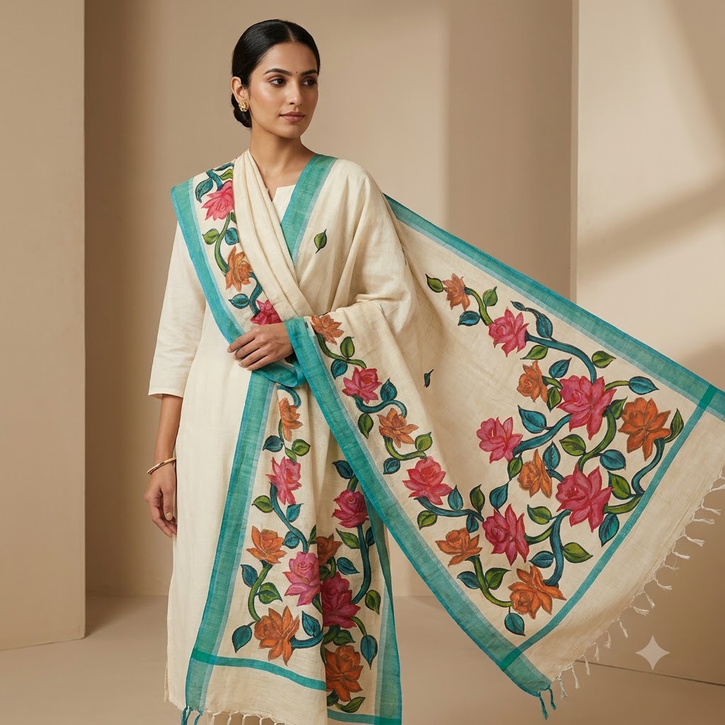 Hand-Painted Floral Dupatta – Ivory Cream with Turquoise Border & Multicolour Floral Art