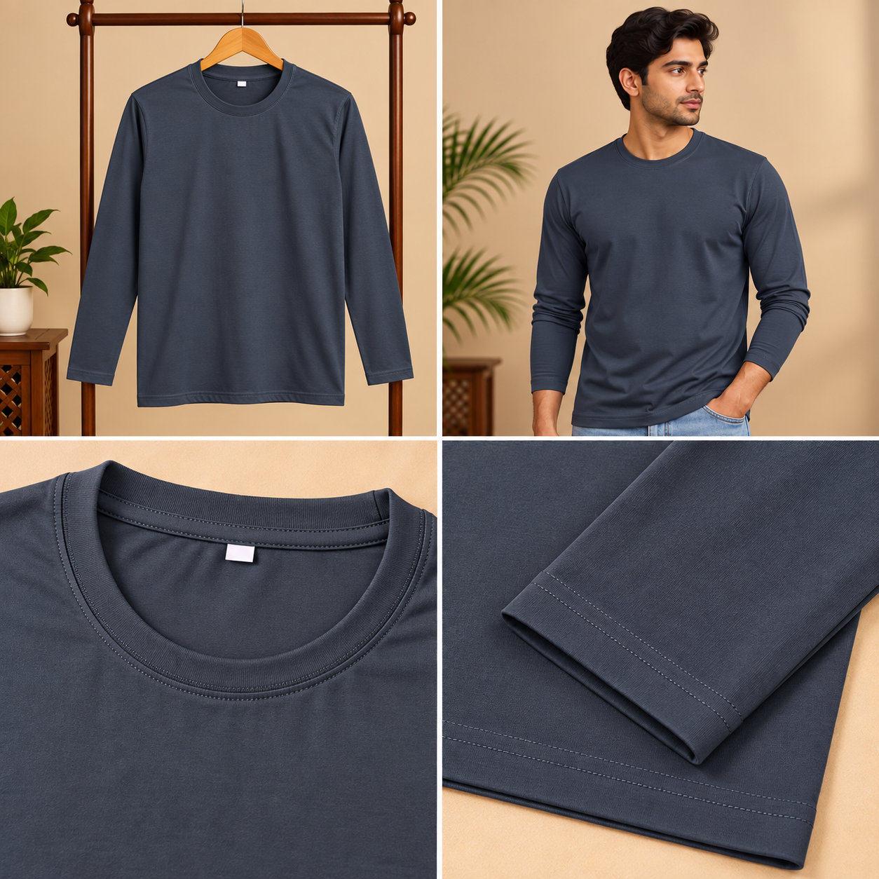 Men’s Charcoal Grey Full Sleeve Round Neck T-Shirt