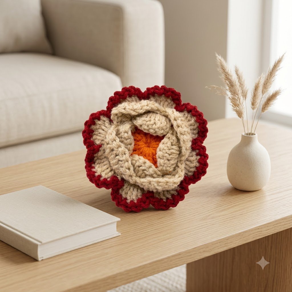 Handmade Crochet Lotus Diya & Laddu Gopal Aasan – Beige, Red & Orange