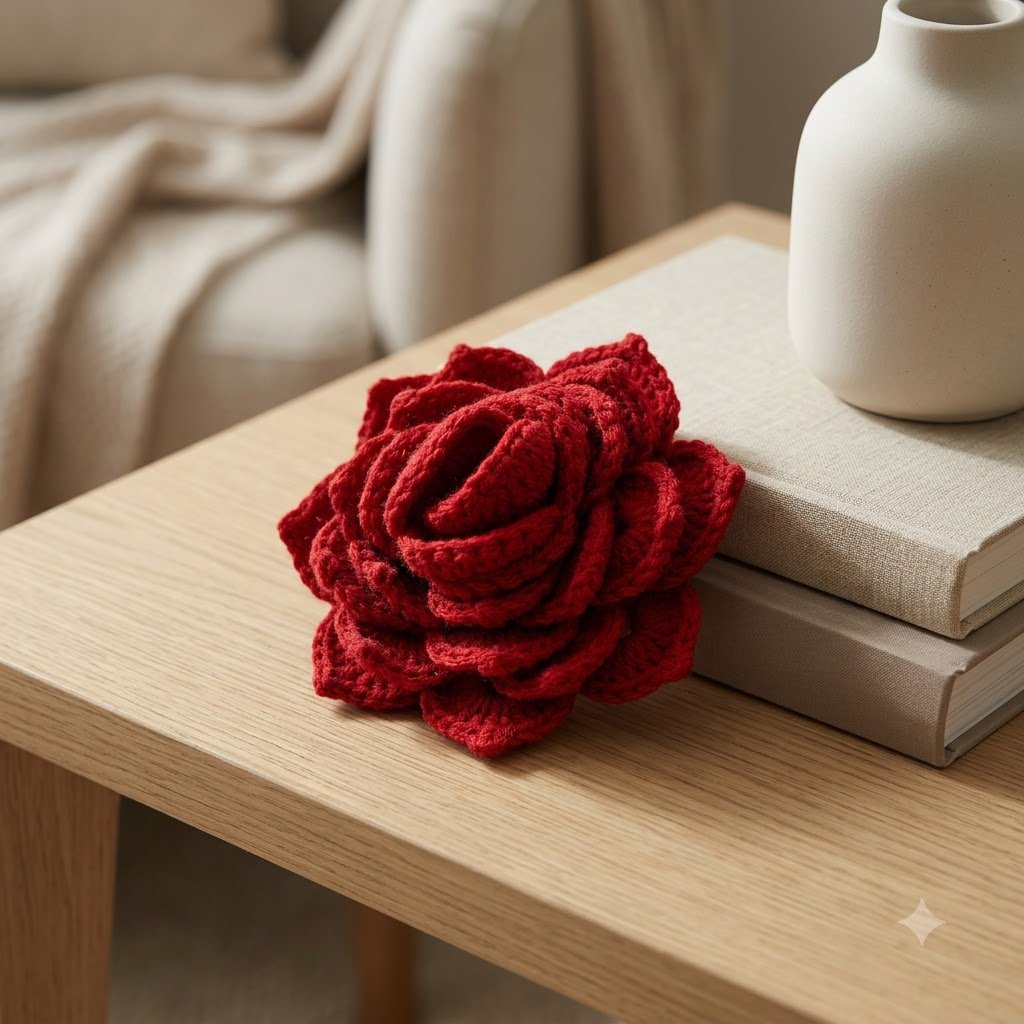 Handmade Crochet Red Rose | 3D Woolen Flower for Home Décor & Gifting