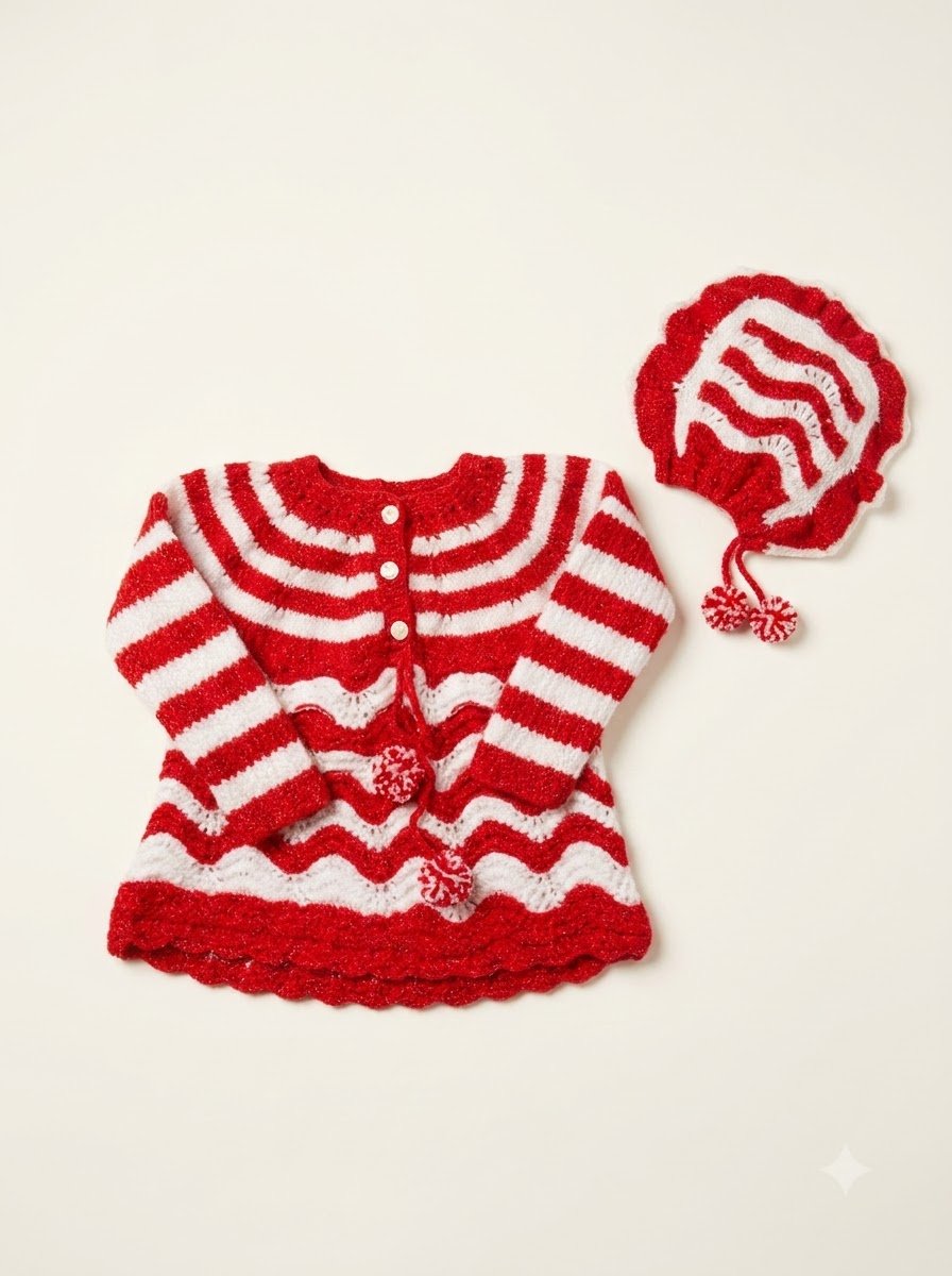 Handmade Red & White Knitted Baby Winter Dress with Matching Cap for 2to 3yrs baby girl