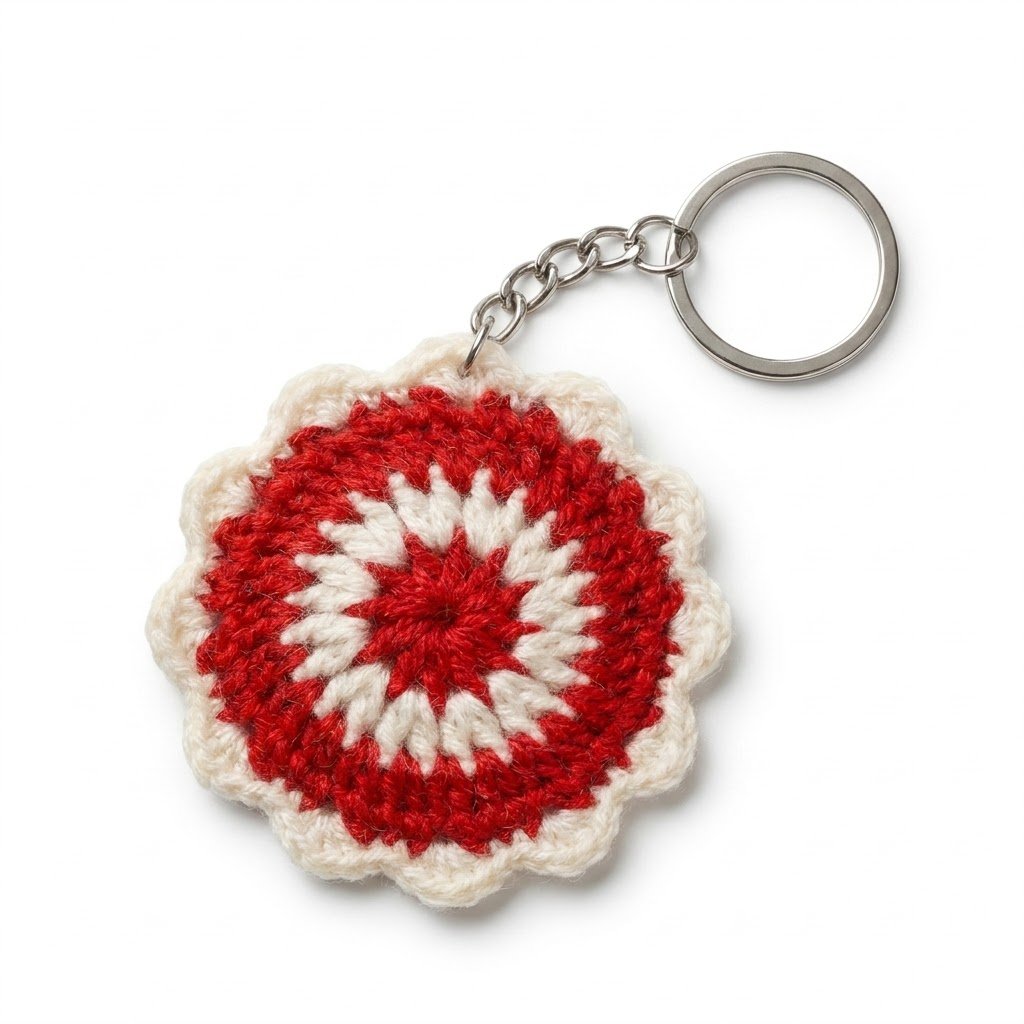 Handmade Red & White Crochet Floral Keychain | Woolen Bag Charm