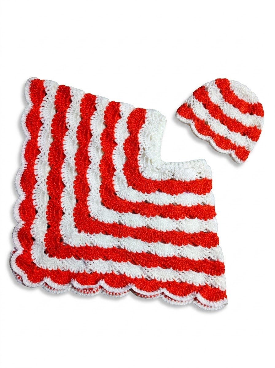 Handmade Orange & White Crochet Baby Poncho with Matching Cap