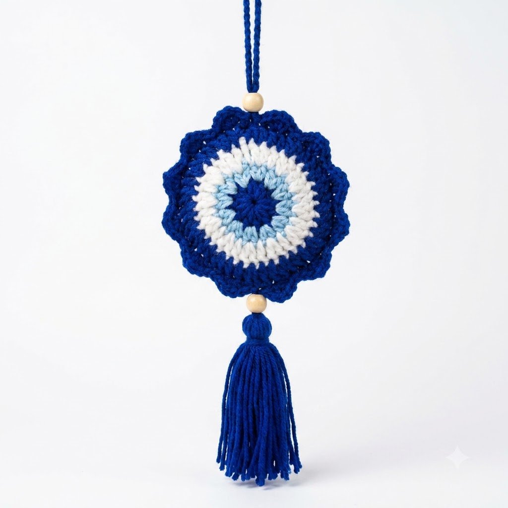 Handmade Crochet Evil Eye Hanging | Blue Nazar Charm with Tassel | Wall & Car Décor