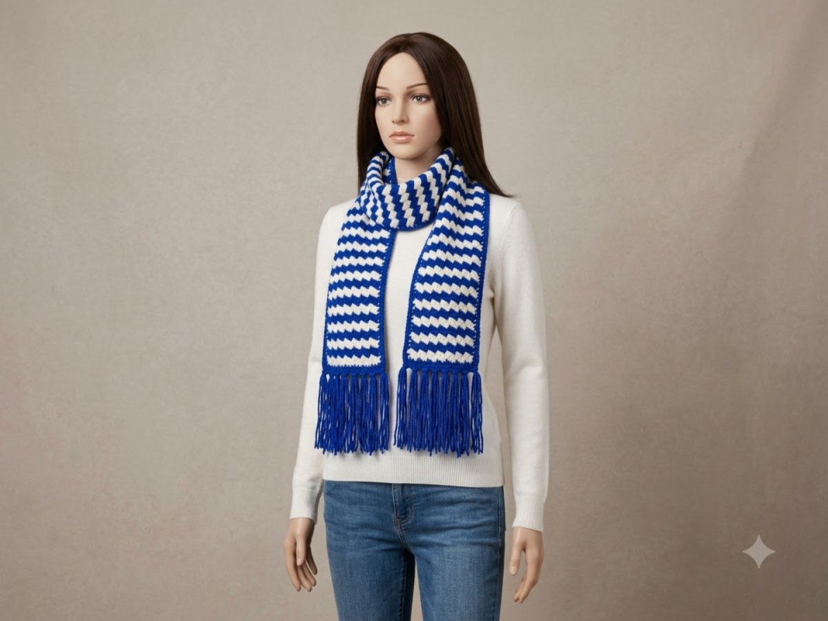 Handmade Woolen Crochet Muffler – Blue And White