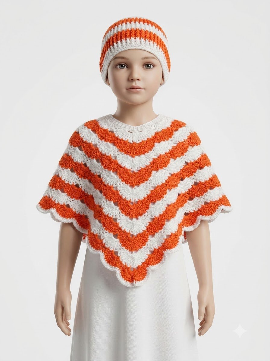 Handmade Orange & White Crochet Baby Poncho with Matching Cap