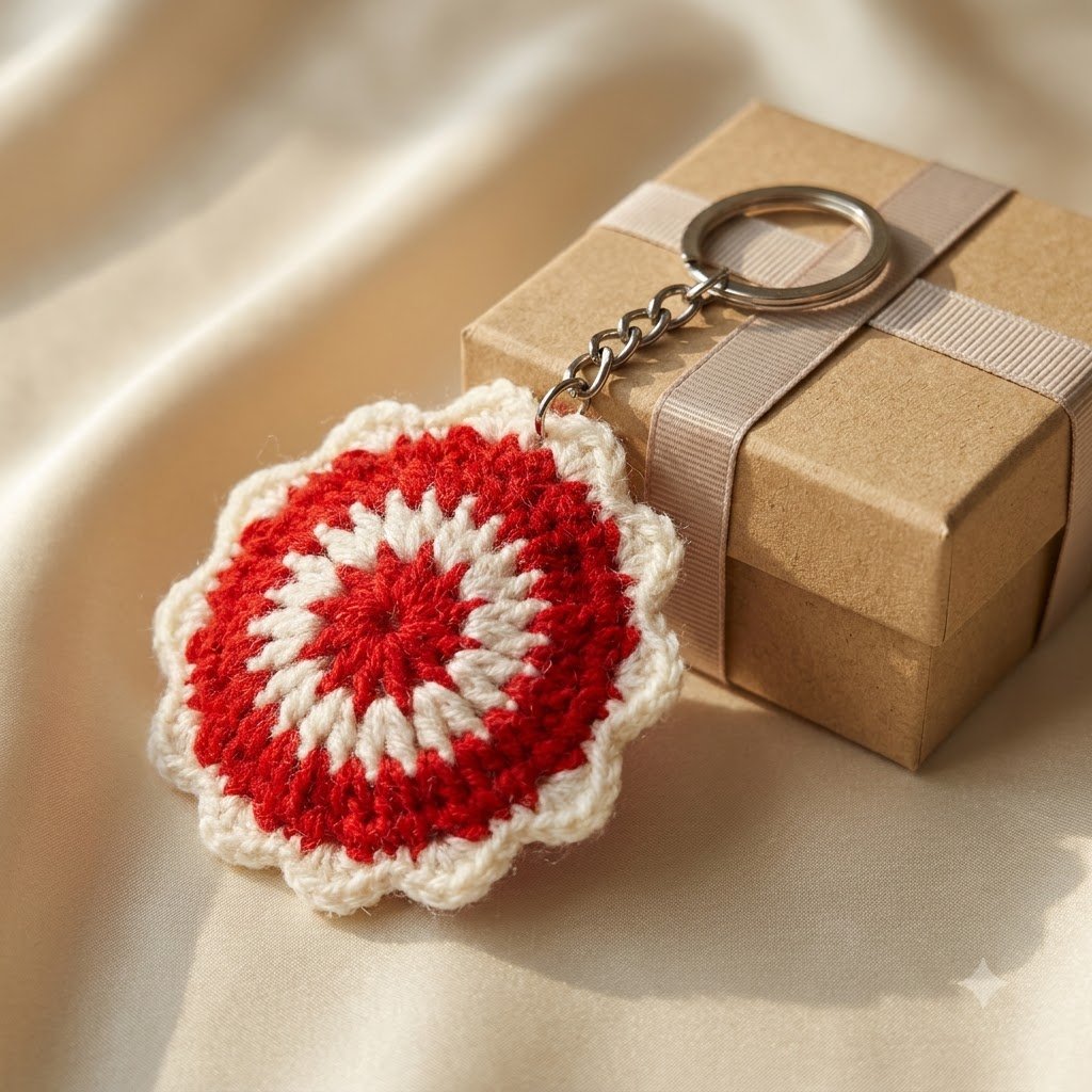 Handmade Red & White Crochet Floral Keychain | Woolen Bag Charm
