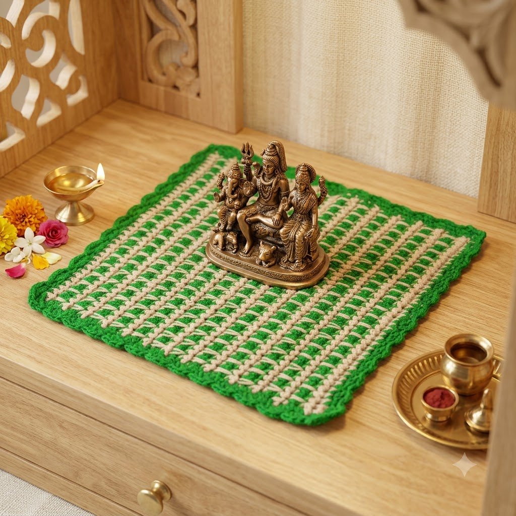 Handmade Green & Beige Crochet Table Mat | Multipurpose Decorative Mat Or Puja Aasan